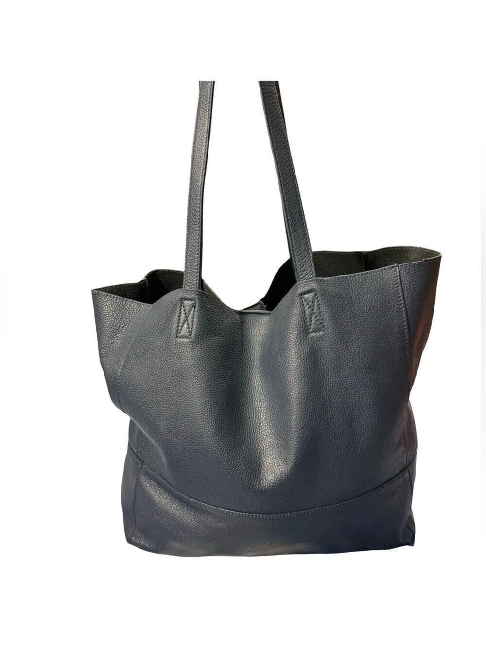 Saks Fifth Avenue Navy Pebbled Leather Tote Shoulder Bag Classic